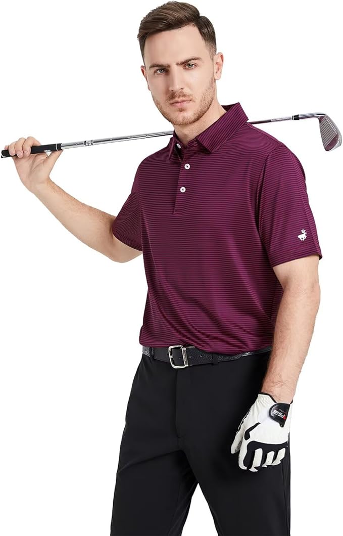 Mens Golf Shirt Moisture Wicking Dry Fit Performance Sport Short Sleeve Striped Golf Polo Shirts for Men