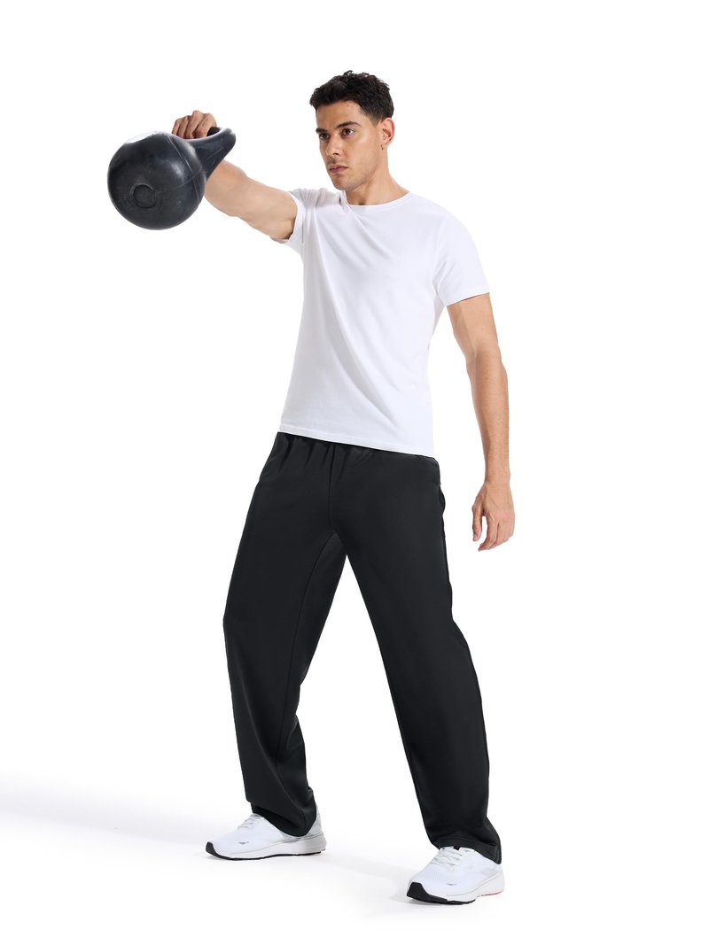 Tallemon Men's 34" Long Inseam Track Pants Warm-up Sweatpants Open Hem Tracksuit Bottoms for Lounge Travel, Black/Black, M