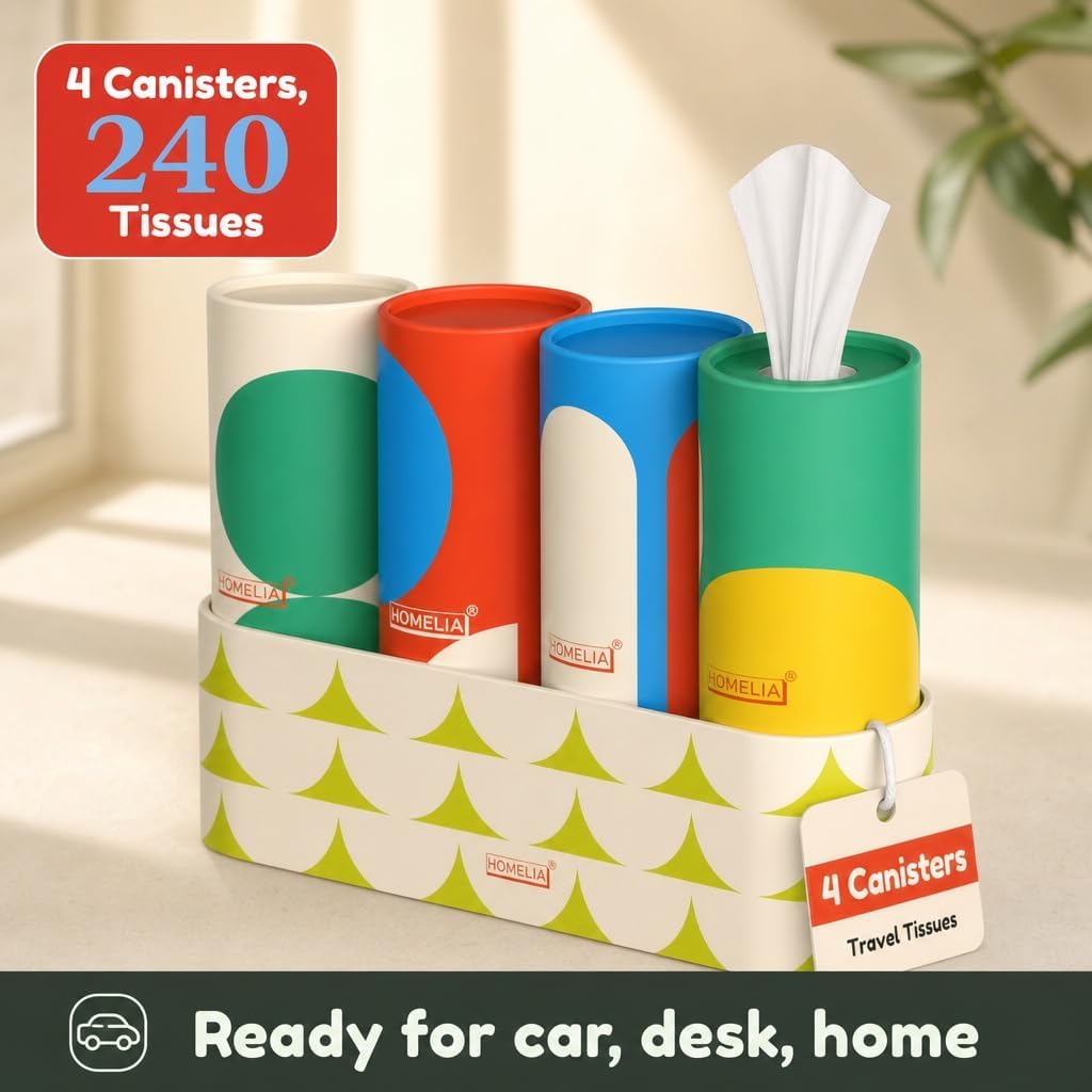 Car Tissues for Cup Holder - 240 Count, 4 Pack, Refillable, 3-Ply