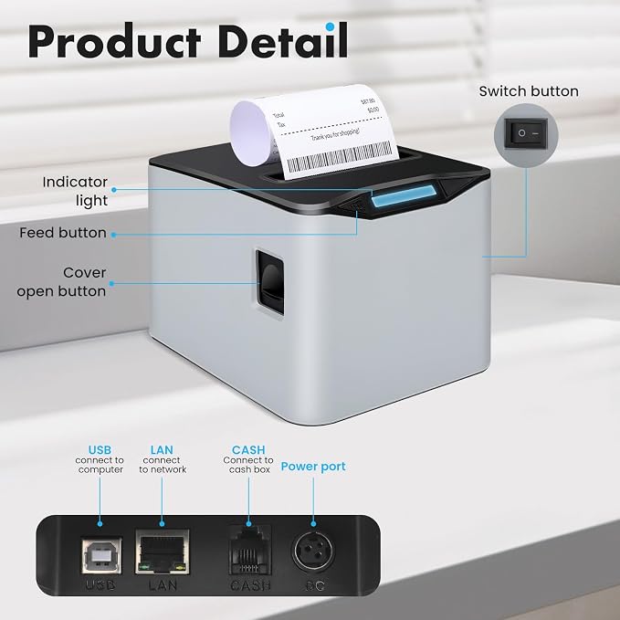 NUCOUN Thermal Receipt Printer, 80mm USB POS Printer, Auto Cutter, Support Cash