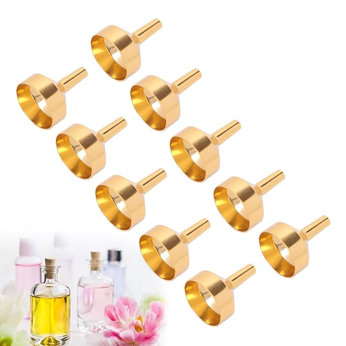 ANGGREK 10pcs Mini Aluminum Alloy Funnel Set for Filling Bottles and Transferring Cosmetics, Perfume (Golden)