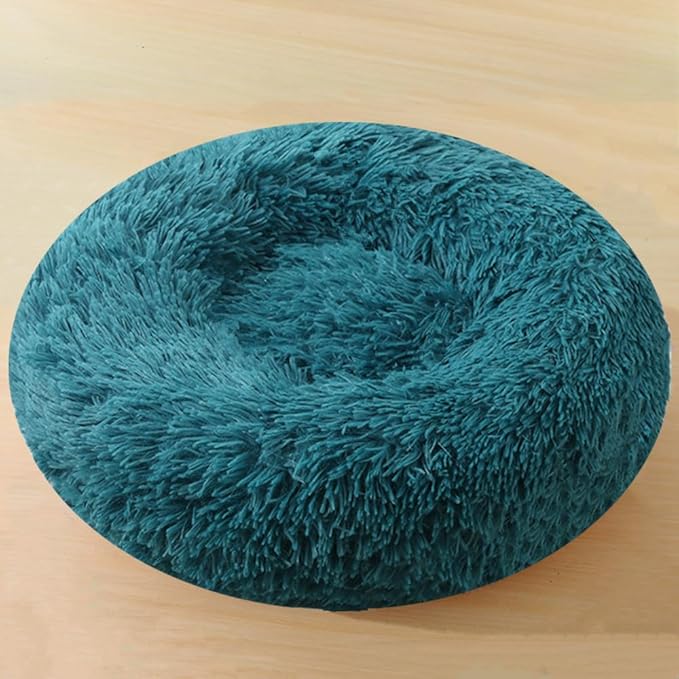 Calming Small Dog Bed & Cat Bed, 16 Inch Donut Fluffy Anti-Anxiety Round Bed Washable Cute Bed, Cuddler Warming Cozy Soft Bed, Plush Cushion Bed for Small Medium Dogs and Cats (Dark Blue)