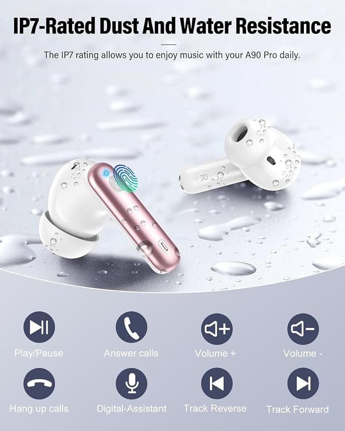Wireless Earbuds, Bluetooth 5.4 Headphones Bass Stereo/Clear Call,Rose Gold | Ear Buds with Noise Cancelling Mic LED Display in Ear Earphones IP7 Waterproof 36H Bluetooth Earbuds for Phones/Sport/Laptop