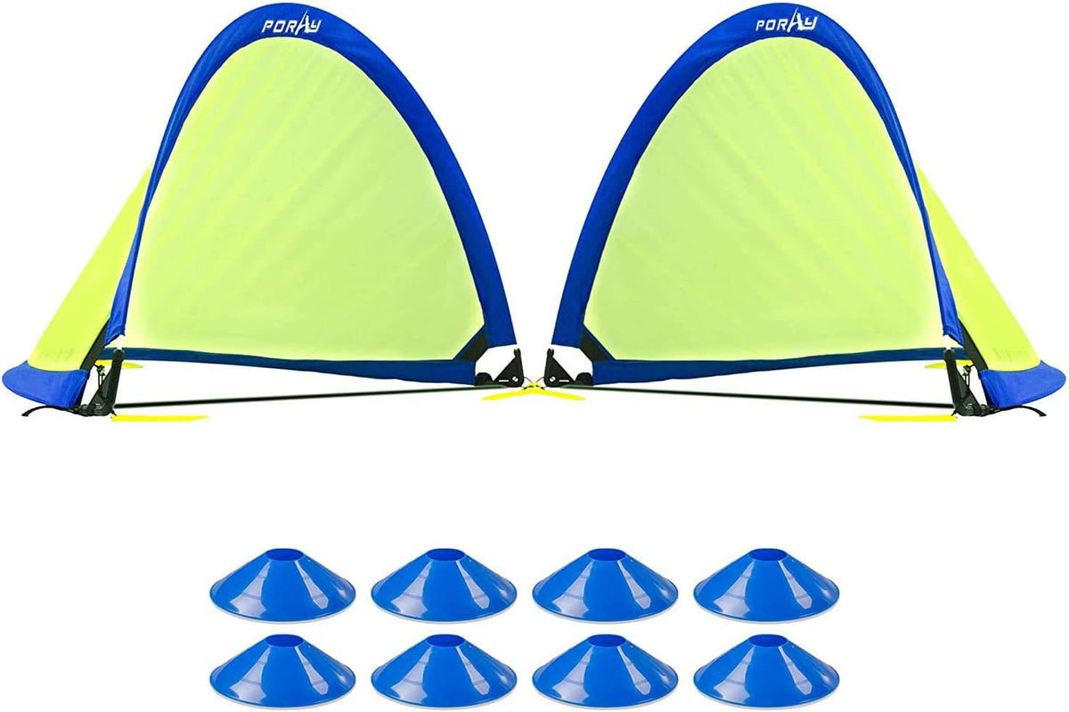 Poray Soccer Goal Set - Portable 210D Oxford Soccer Nets with 8 Field Marker Cones & Extra Stakes | Ideal for Kids' Backyard Training