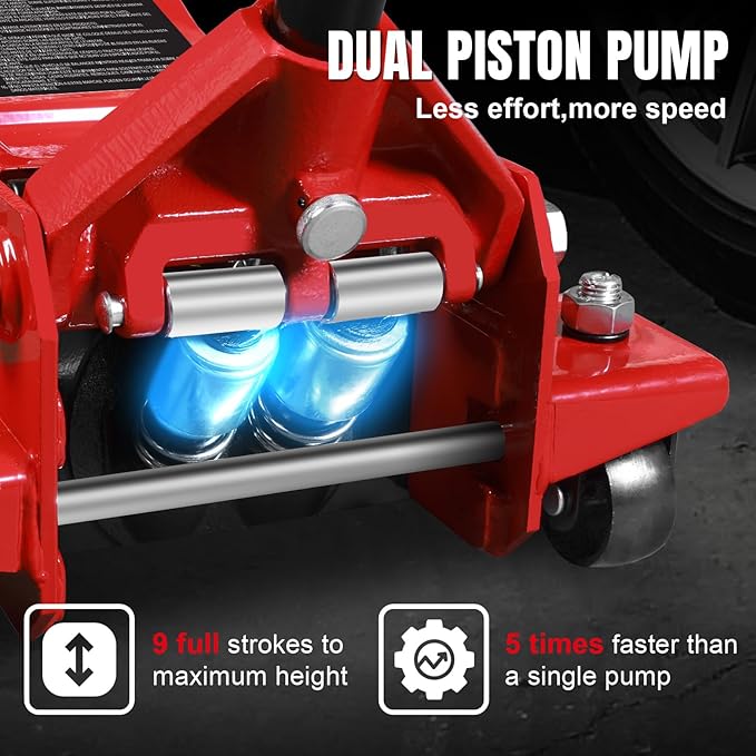 Jack Boss 4 Ton Floor Jack Hydraulic Low Profile Floor Jack with Dual Piston Quick Lift Pump, 4 Ton (8,800 lbs) Capacity, Red