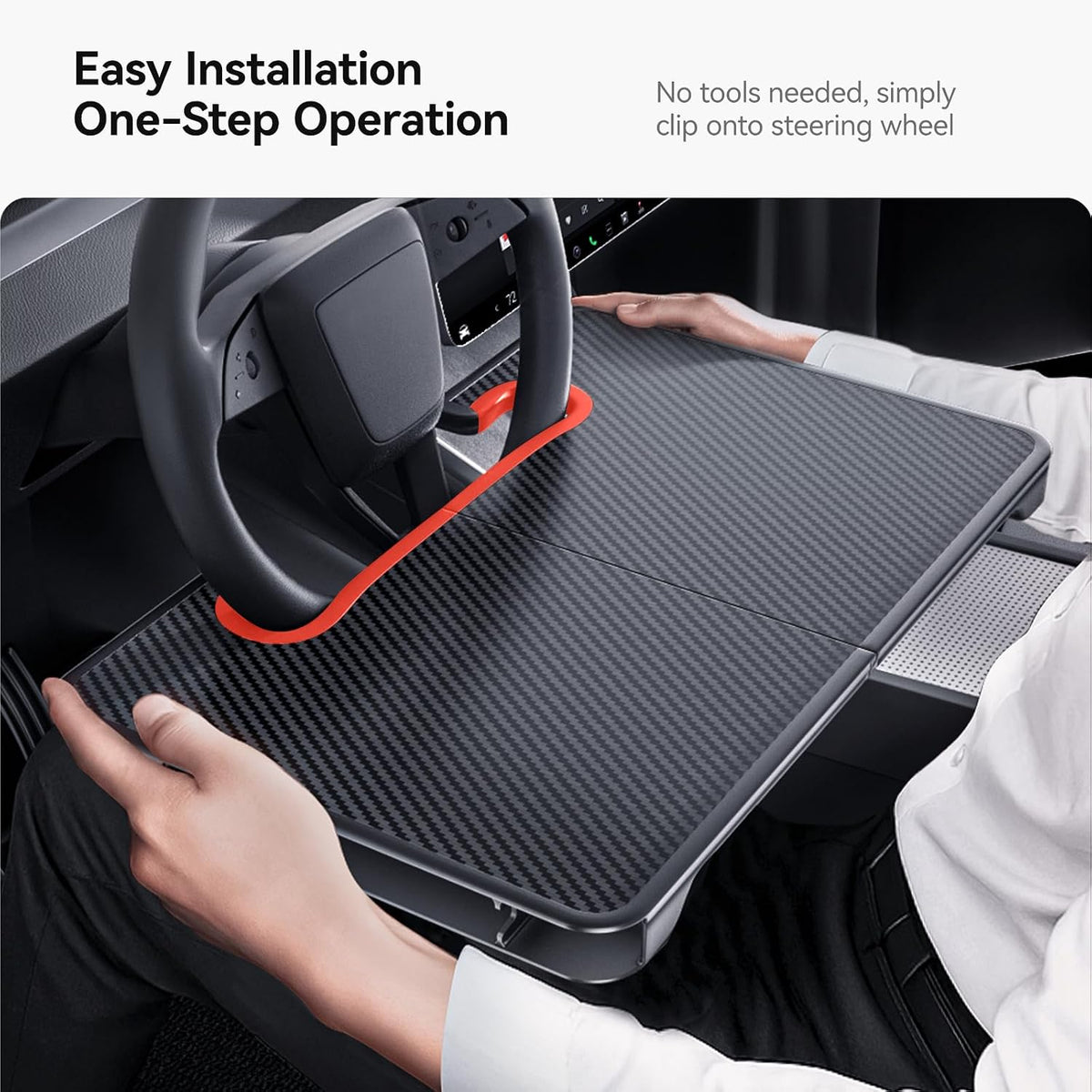 YONZEE 2-in-1 Car Steering Wheel Desk Tray & Car Seat Gap Filler Organizer – Foldable Carbon Fiber Look Table for Laptop, Eating, Writing – for Standard Round Steering Wheels