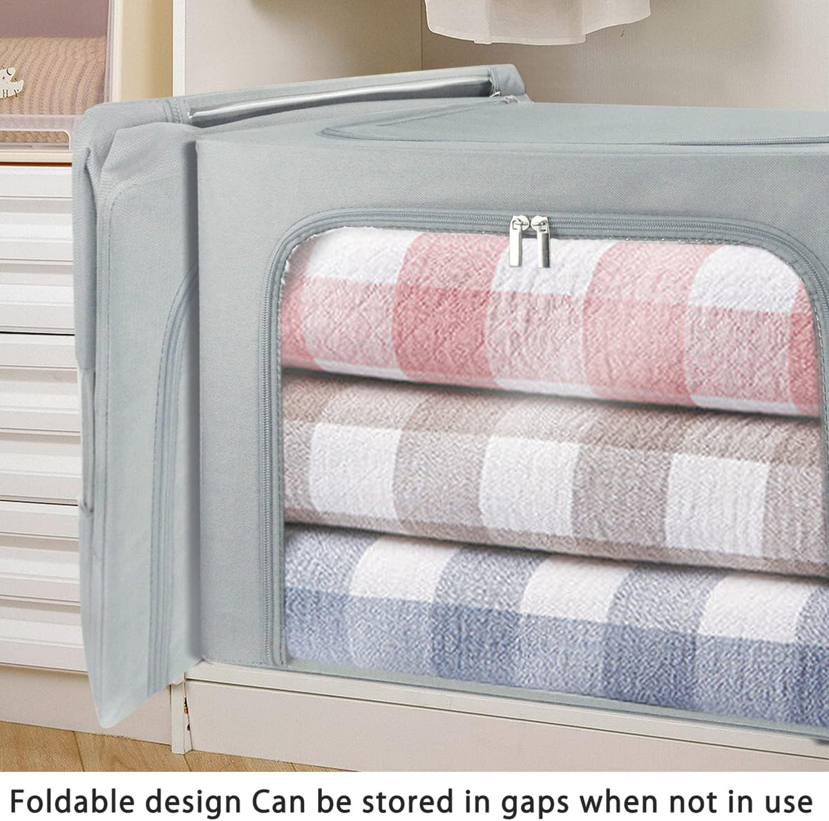 Clothes Storage Box Bins Stackable Foldable Organizer,Sturdy Handles with Metal Frame for Clothing Bedding Shelves,Closet Container with Clear Window Zipper and Label Holder (Gray, 66L x3 Pack)