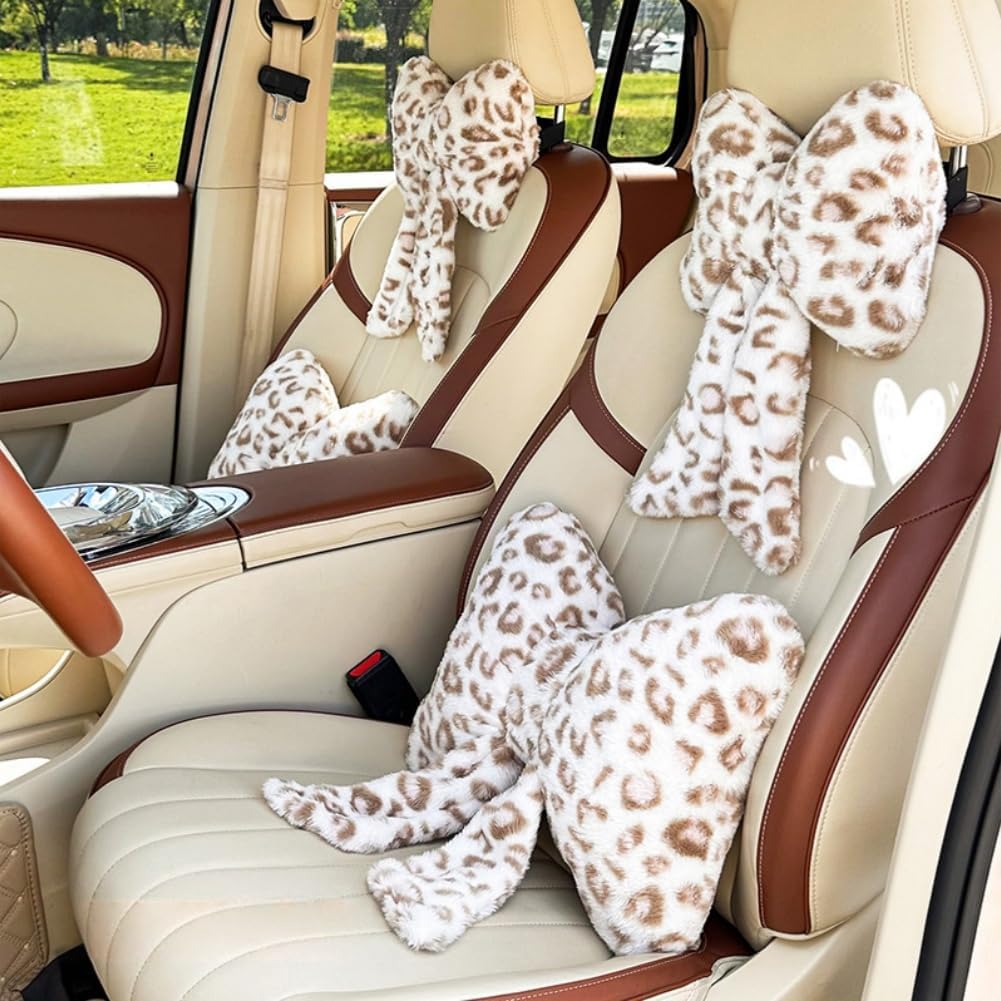 LYFJMUS 4 Pack Plush Bow Car Headrest Pillow and Lumbar Support Pillow Soft Butterfly Car Neck Pillows for Driving Cars Decor (Pink Leopard)