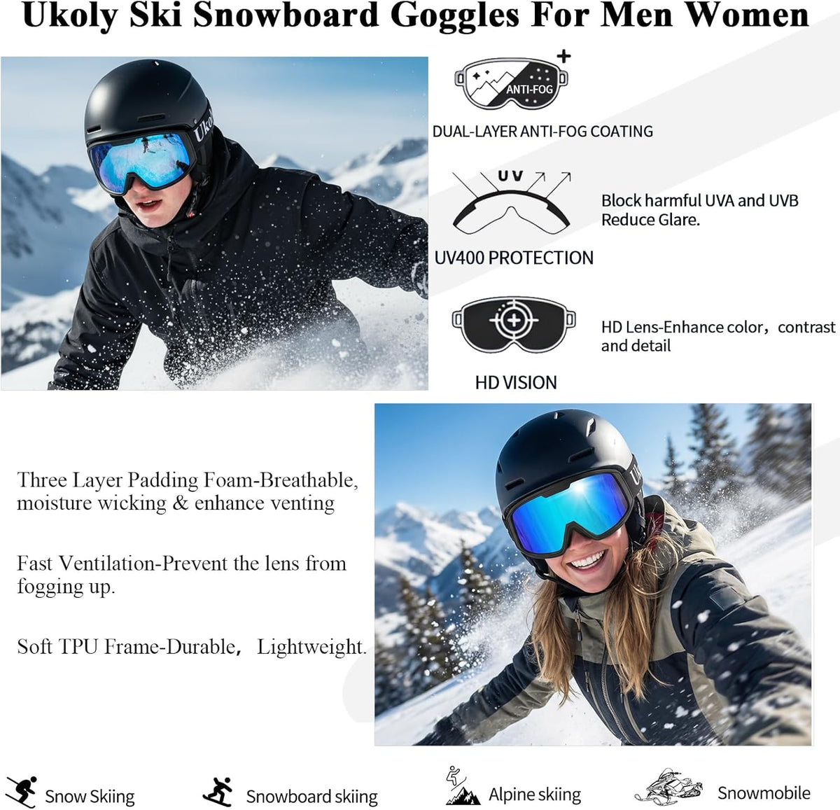 Ukoly Ski & Snowboard Goggles - HD Anti-Fog Lens, UV400 Protection, OTG Design for Men & Women