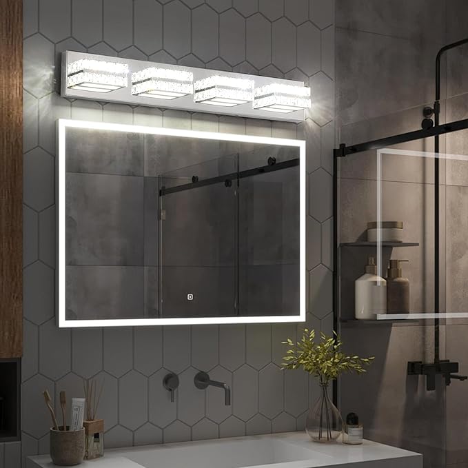 OKELI Crystal Vanity Lights LED Bathroom Vanity Light Fixture Over Mirror Modern Indoor Mirror Front Lamp, 6000K Cold White Dimmable, 4-Lights, 24W, ETL Listed