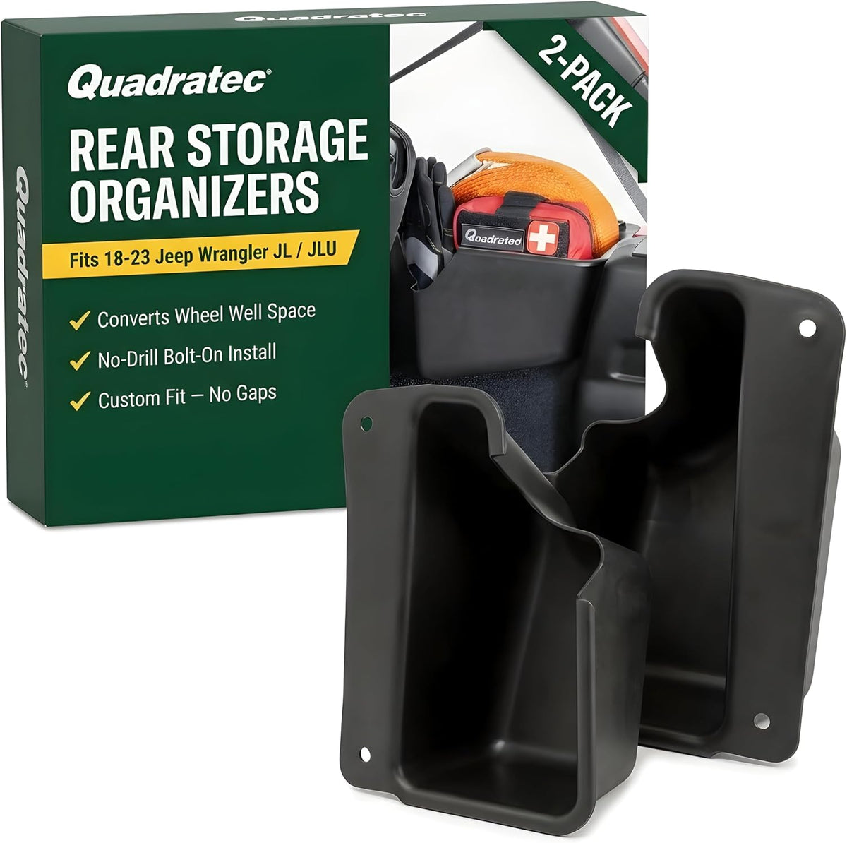 Quadratec Rear Wheel Well Storage Organizer Bin, 2-Piece Set for Left & Right Side - Fits Jeep Wrangler JK Unlimited 4-Door 2007-2018 - Interior Jeep Wrangler Accessories - Cargo Area Storage Box