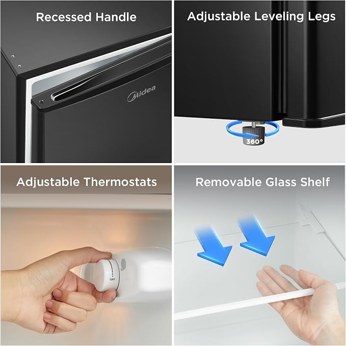 Midea 3.3 Cu.ft Compact Fridge, Energy Star Certified, Low Noise for Office | Adjustable Thermostat, Reversible Door,Ideal for Dorm, Office, Black