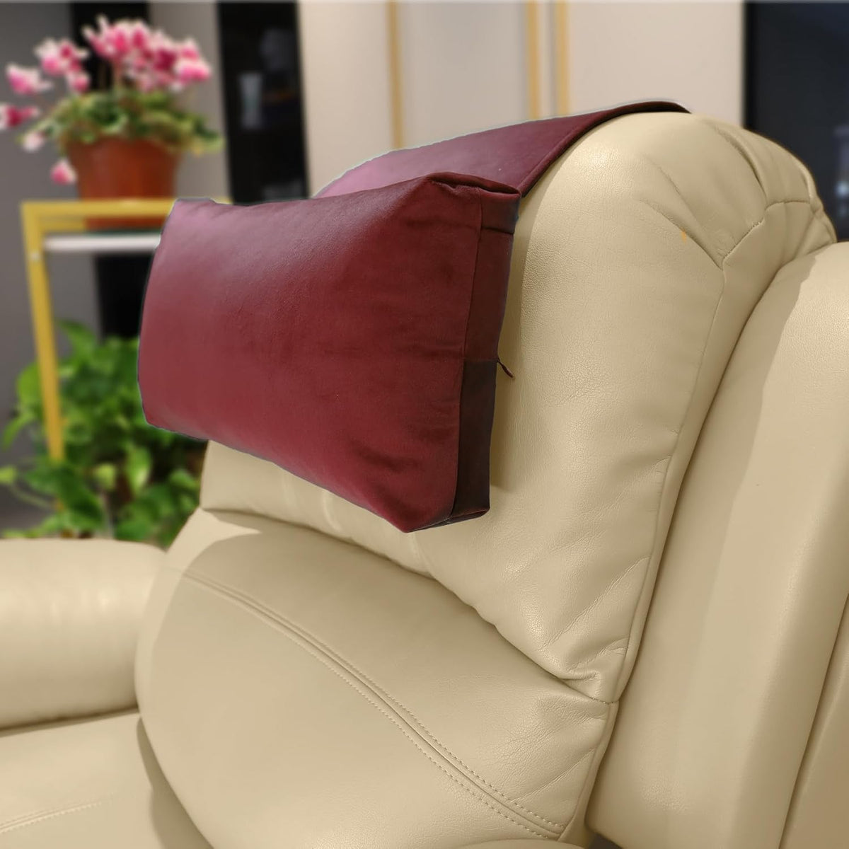 Non-Slip Head Pillow for Recliners - Neck Support Cushion with Velvet Cover for Pain Relief at Home, Office and Travel (Camel)