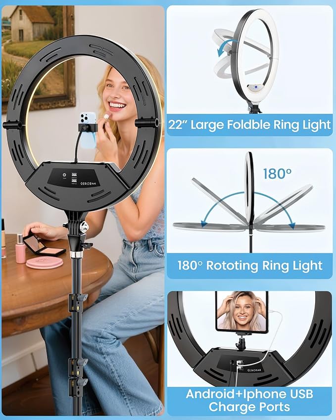 22" Large Ring Light with Stand, Foldable LED Big Ring Light Tripod
