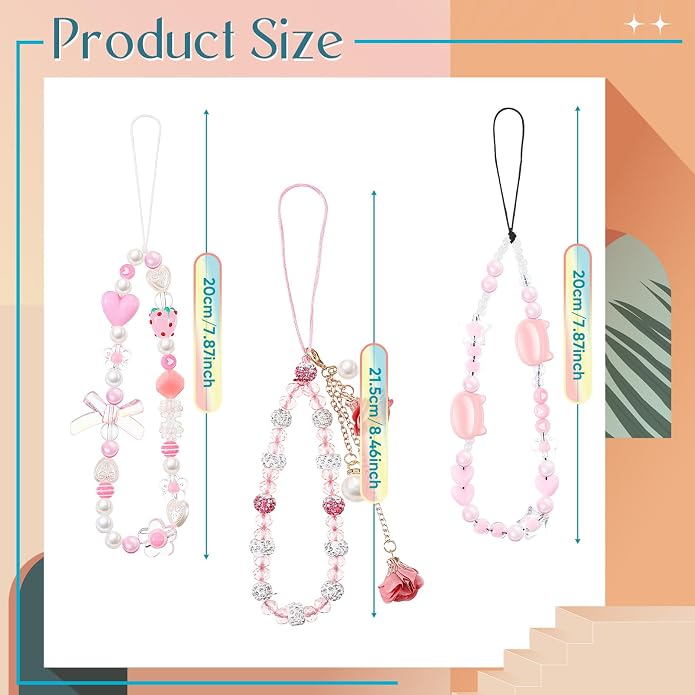 Ecally 3 Pcs Phone Charms Strap Camera Charm Strap Pearl Beaded Butterfly Bow