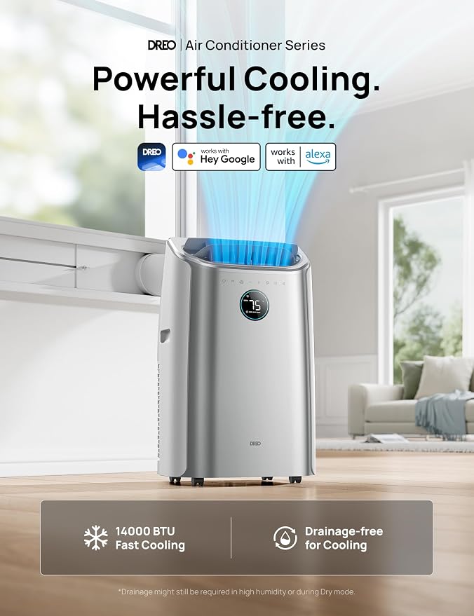 DREO Portable Air Conditioners, 14000 BTU AC Unit for Bedroom with Drainage-Free Cooling, 3-in-1 with Fan & Dehumidifier, Touch/APP/Voice/Remote, 24h Timer, Smart Floor AC for Room Indoors, AC516S