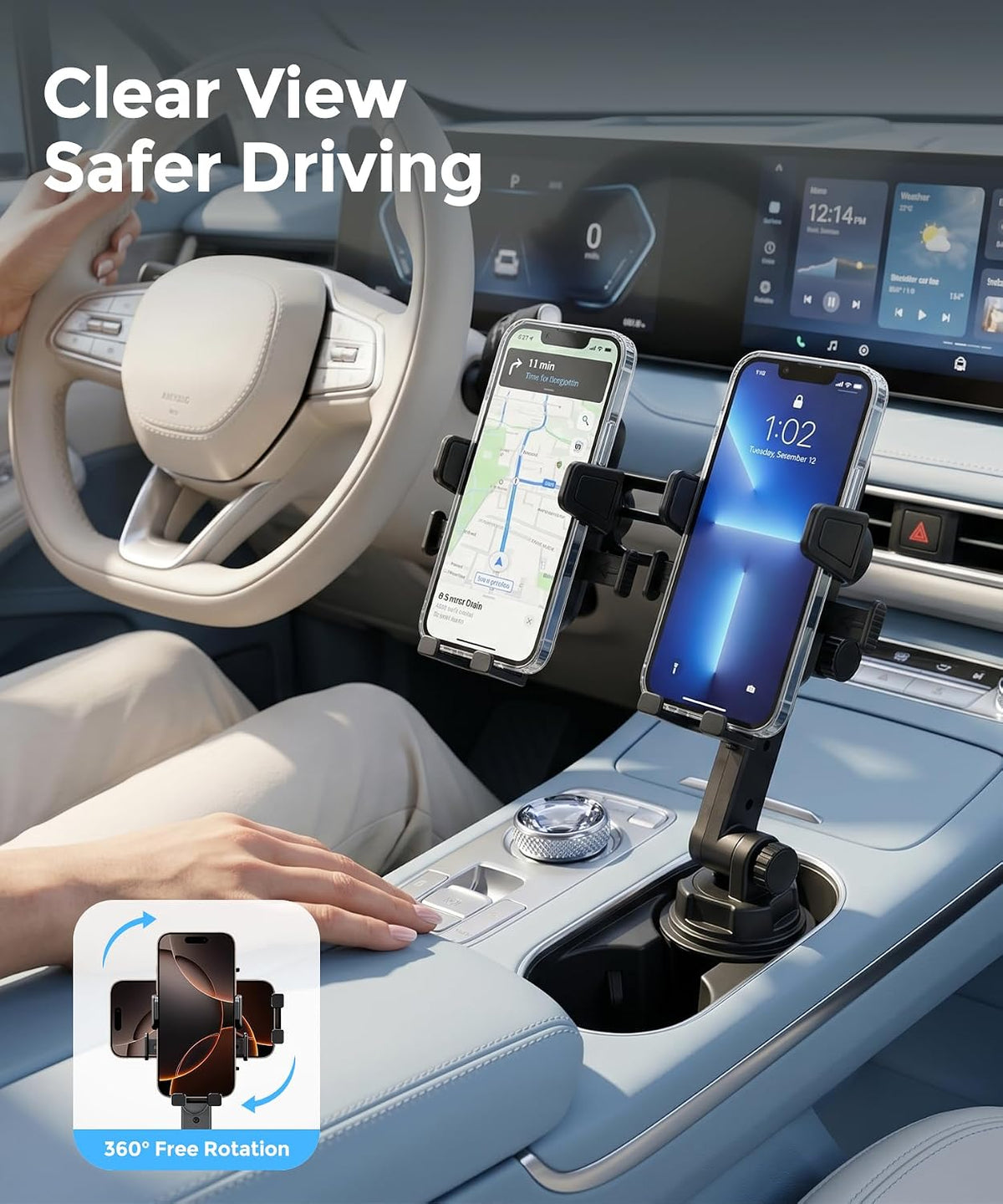 Dual Cup Holder Phone Mount for Car, 360° Adjustable Fits Two Phones