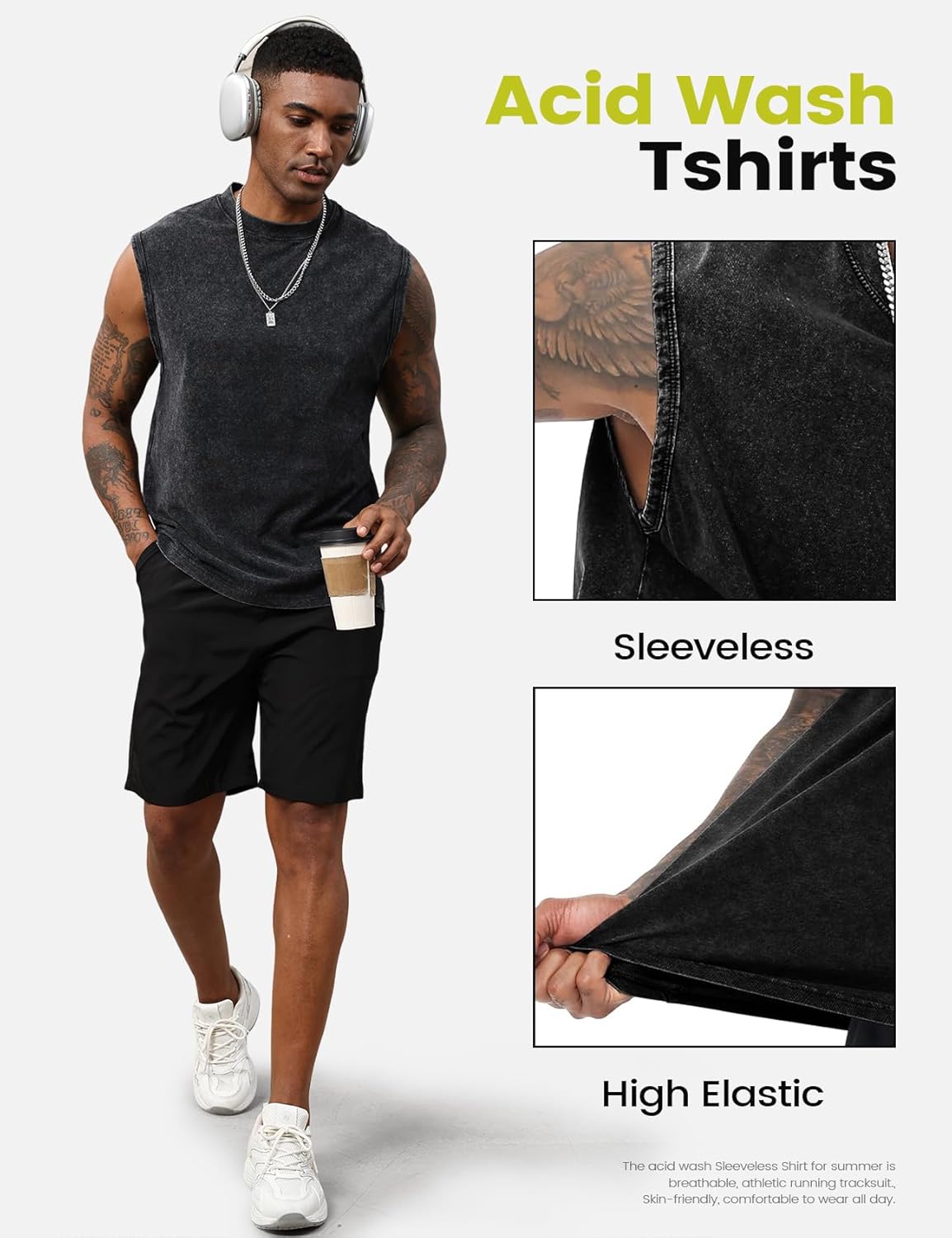 Yimoon Men's Tank Tops - Sleeveless Cotton Workout Tees for Gym | Acid Wash, Loose Fit
