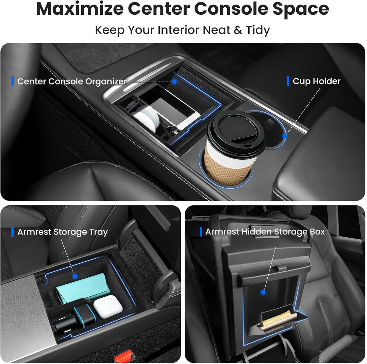 4Pcs Center Console Organizer Tray for Tesla Model 3 2021-2023 and Model Y 2021-2024 Interior Accessories, Armrest Hidden Storage Box for Model 3 21 22 23, Cup Holder Insert for Model Y 21 22 23 24