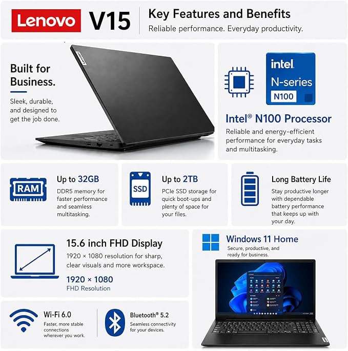 Lenovo Laptop Computer, Intel N100 Processor (2026 Edition), 15.6" FHD | 8GB DDR5 RAM, 512GB PCIe SSD, Portable Design & Long Battery Life, Ideal for College Student Everyday Use, Windows 11
