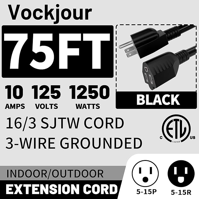 75 Ft 10A 1250W 16AWG Black Indoor Outdoor Extension Cord Waterproof, Extension Cord with 3 Prong Grounded Plug, Flexible Weatherproof Power Cable, SJTW