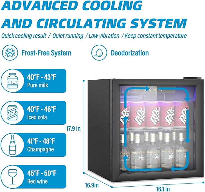 Erivess Mini Fridge 60 Can Beverage Refrigerator Cooler Glass Door for Soda | 1.3 Cu Ft Drink Fridge for Home/Bar/Office with LED Display, Digital Temperature Control, Removable Shelves for Wine, Black