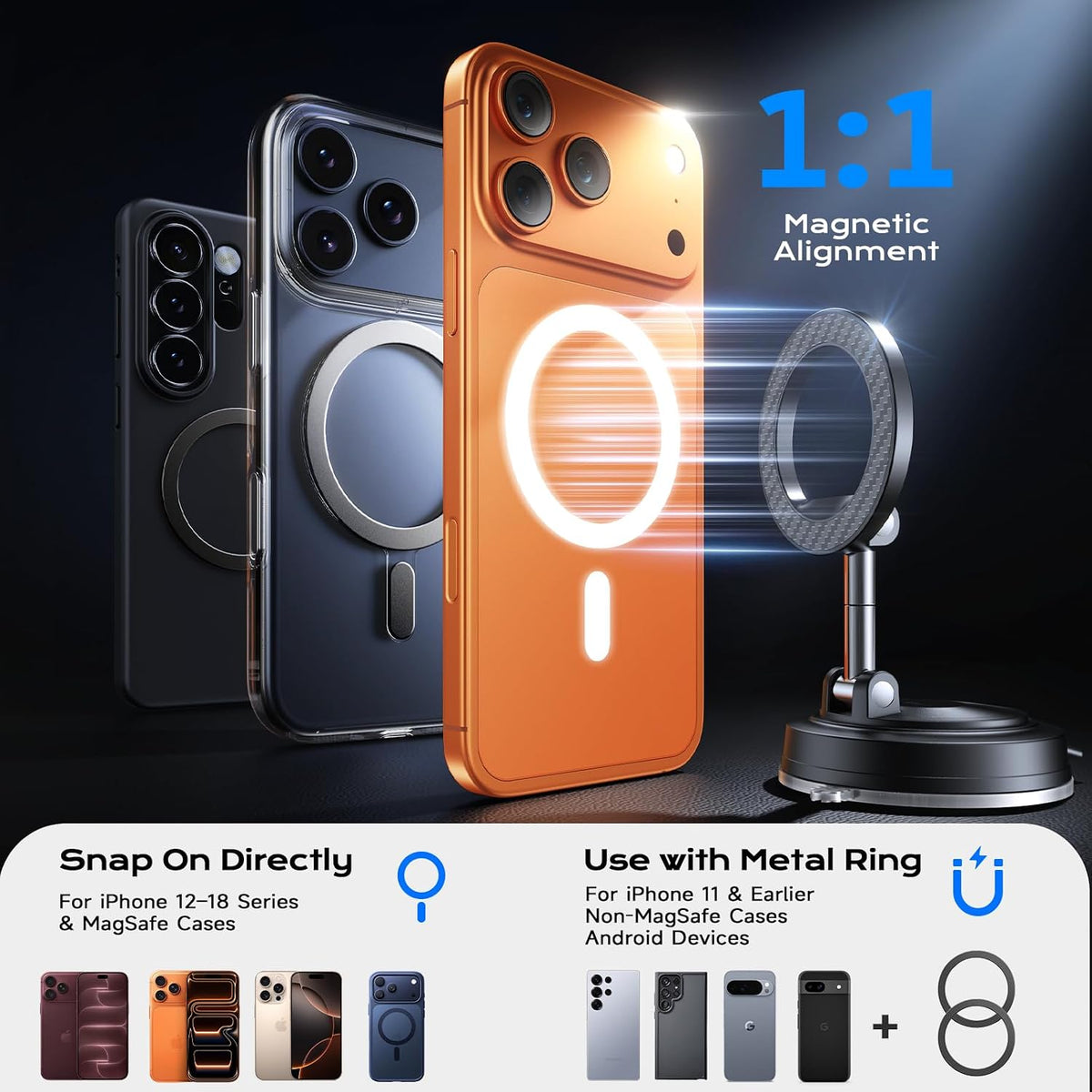 NeverDrop Car Mount for MagSafe [2 Bases for Any Surface | 118+LBS Ultra Grip | 2400gf Strong Magnetic] 360° Adjustable Car Phone Holder, Phone Holders for Your Car for All Smartphones, Carbon Fiber