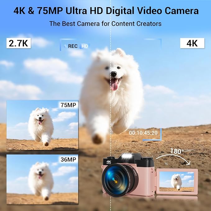 4K Digital Camera for Photography, 75MP WiFi Vlogging Camera for YouTube