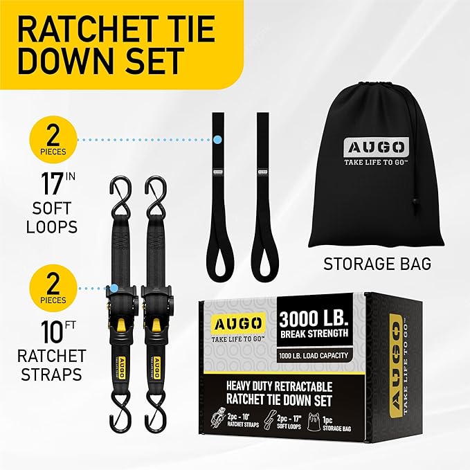AUGO Retractable Ratchet Straps | 2 Heavy Duty Ratchet Straps Self Retractable Tie Downs with Soft Loops & Storage Bag for Motorcycle, Truck, Trailer, Cargo Van | 3000 Lb Break Strength 2” x 10’
