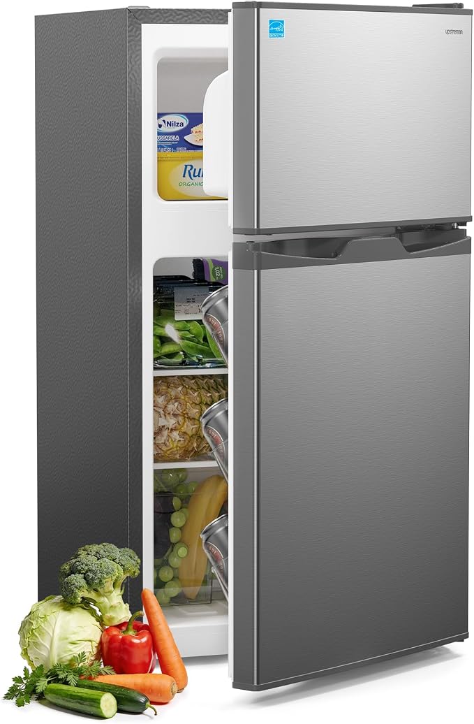 Upstreman 3.1 Cu.Ft Mini Fridge with Freezer, Double Door Small Refrigerator, Adjustable Thermostat, Energy Star Certified Low Noise Mini Refrigerator for Bedroom, Dorm, Apartment Silver-TM31