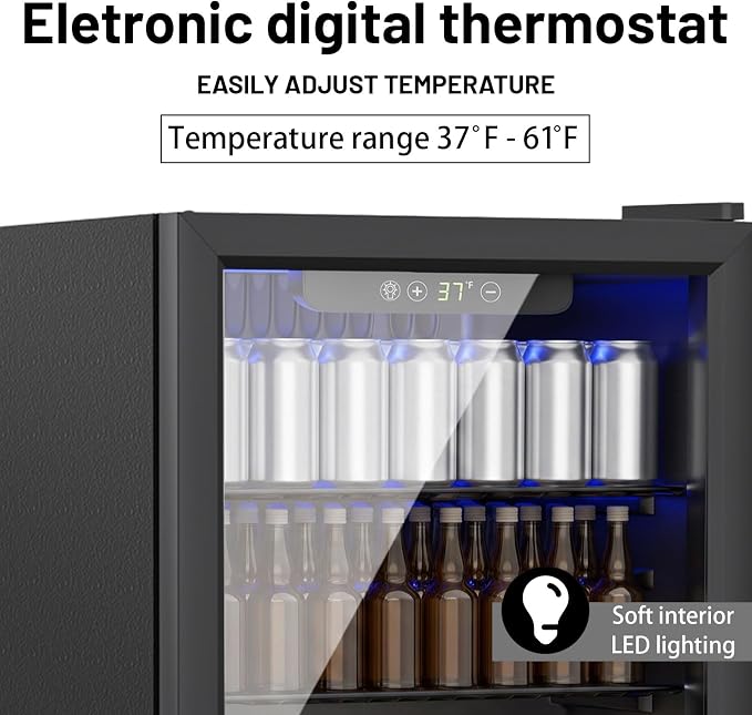 70 Can Mini Fridge, 1.7 Cu.Ft Beverage Refrigerator Glass Door | Compact Drink Fridge with Reversible Door for Soda Wine Beer, Quiet Small Cooler for Home Office Bar, Black (37-61 ℉)