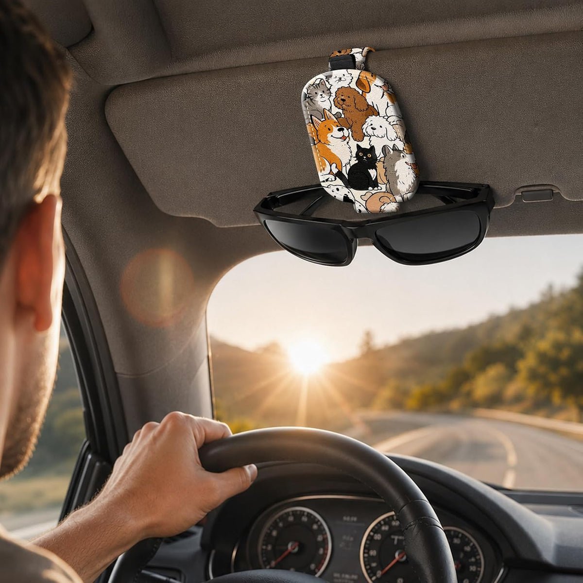 Sunglasses Holder for Car Visor, PU Leather Glasses Clip Organizer, Cute Magnetic Eyeglass Holder for Vehicle Sun Visor, Car Interior Accessory for Women & Men, Puppy Kitten