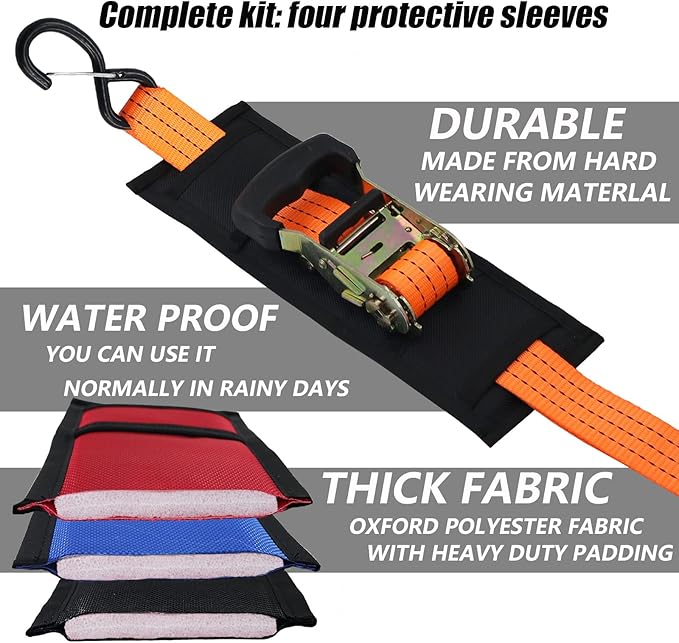 4 Pack Universal Tie Down Strap Protector Sleeve Ratchet Strap Protector Sleeve for Boat, Trailers, Jetski, Waverunner Black 4 x 12 Inches