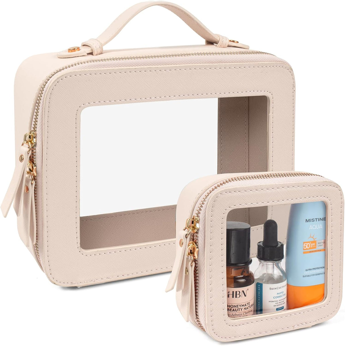 LETGO 2 Pack Clear Travel Toiletry Bag for Women, Large & Mini Waterproof PU TSA Approved Cosmetic Pouches,Portable See Through Clear Mahjong Tile Bag with Handle