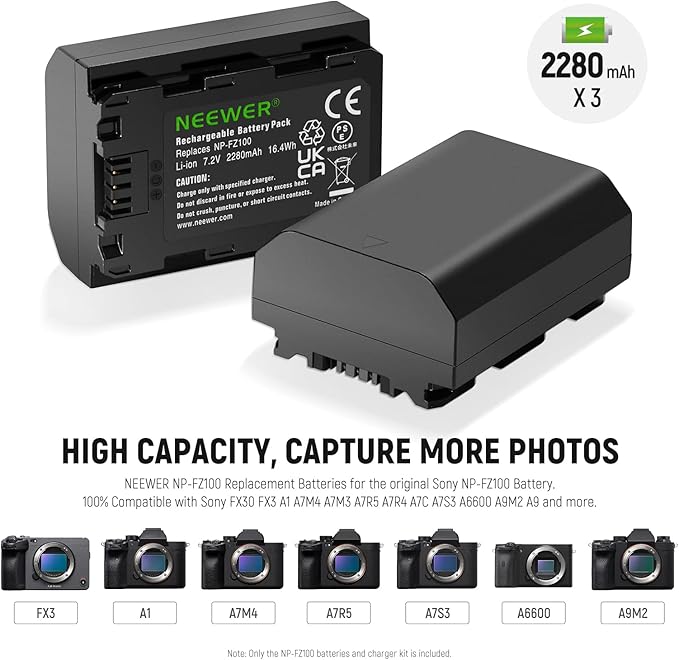 NEEWER NP-FZ100 Replacement Battery and Charger Set, 3 Pack 2280mAh NP-FZ100