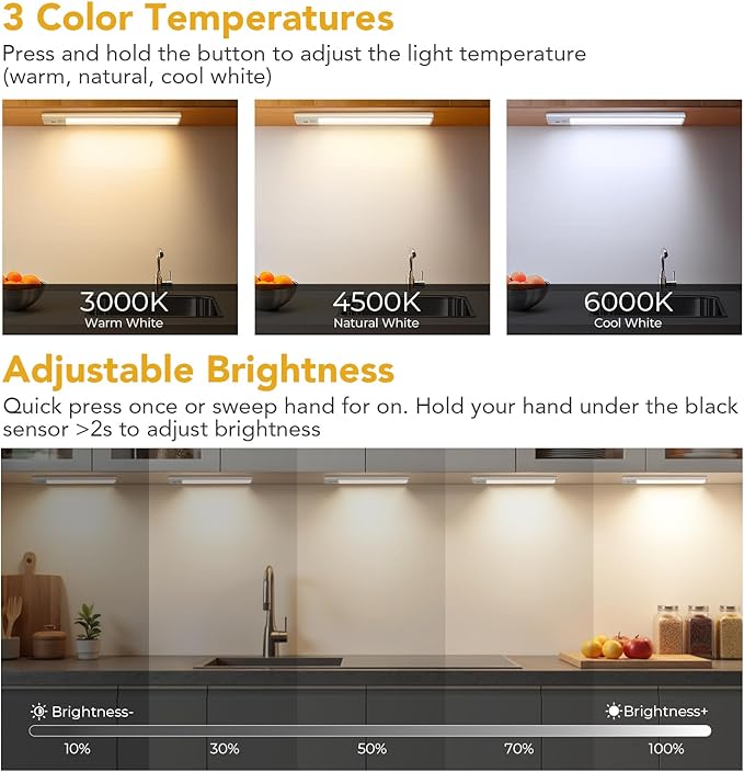 Under Cabinet Lighting with Hand Wave, 56 LED Motion Sensor Light, Rechargeable Closet Lights with 3 Color Temps, 9 Inch Dimming Magnetic Strip Night Lights for Kitchen, Wardrobe, Stairs (2 Pack)