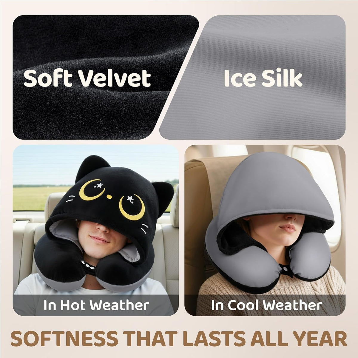 Mewaii Travel Neck Pillow with Hood for Airplanes,Memory Foam,Breathable Ice Silk & Soft Velvet,Double-Sided,Removable to Clean,Adjustable Strap,Portable Travel Pillow for Long Flights Adults & Teens