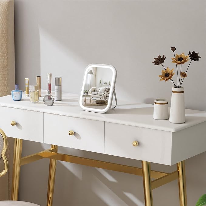 Vanity Mirror with Lights, 8"×6" LED Makeup Mirror Built-in 1500mAH Lithium Battery, 3-Color Lighting, Dimmable, Lighted Up for Makeup Desk (White)