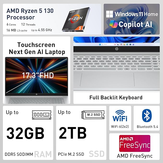 HP OmniBook 17.3” Touchscreen Next Gen AI Laptop, Latest AMD Ryzen 5 CPU | 32GB DDR5 RAM, 1TB SSD, Copilot Key, AMD Radeon 660M Graphics, Backlit Keyboard, Win11 Home, Silver, w/ Wireless Mouse