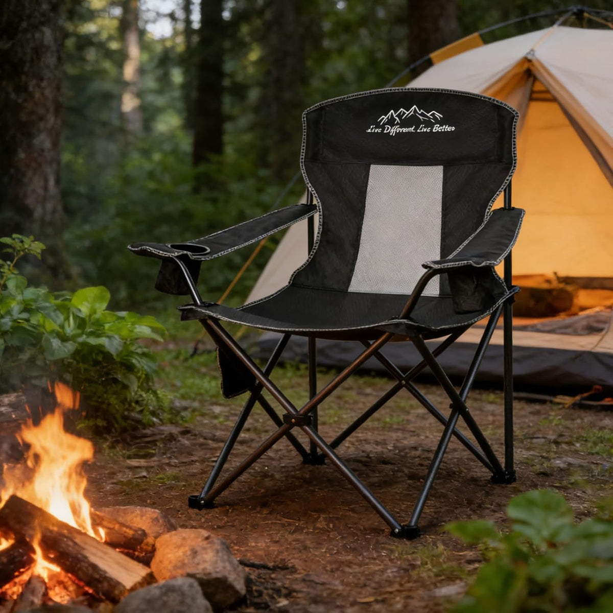 Skiennix Outdoor Folding Camping Chair - Breathable Mesh, 400lbs Capacity, Cup Holder & Storage Bag | Black