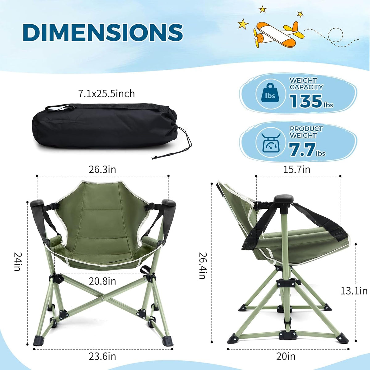 Skiennix Kids Hammock Chair - Adjustable & Portable Folding Camping Chair | Green, Supports 135 LBS