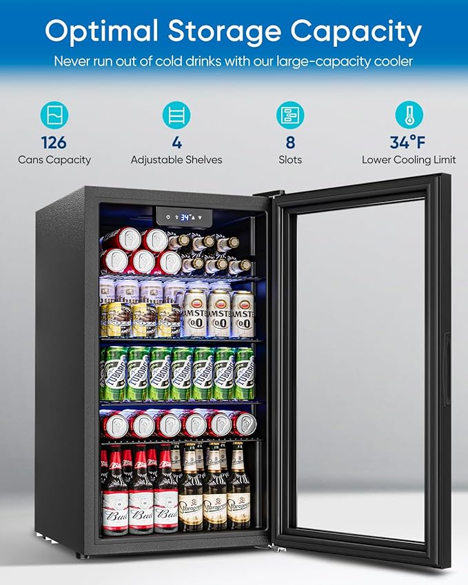 Feelfunn 3.2 Cu.Ft Mini Fridge with Glass Door - 126 Can Beverage Refrigerator Cooler for Drink Beer Wine Soda, Small Fridge for Bedroom Office Bar Dorm, 4 Adjustable Shelves, Black