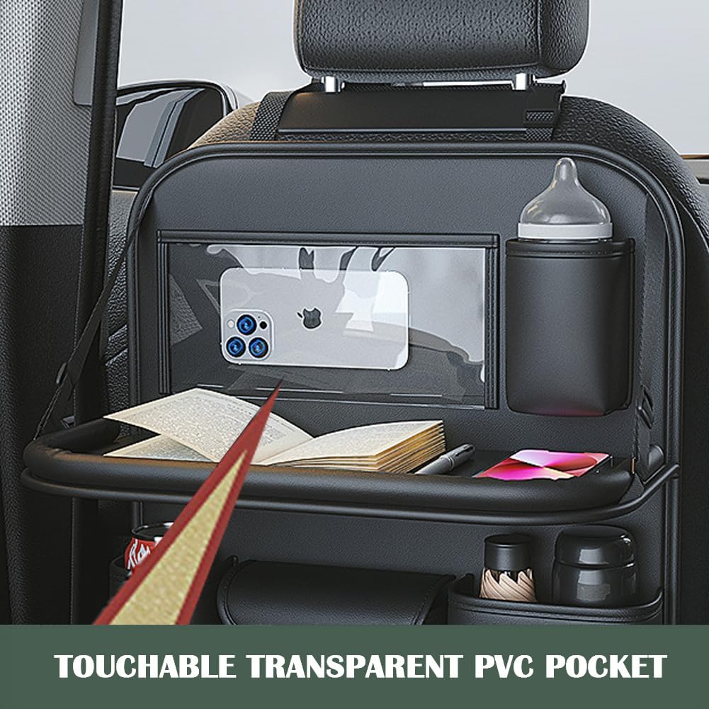 Car Backseat Organizer with Foldable Table Tray,Car Seat Back Protector with Touch Screen Phone Holder,Premium PU Leather Material,Compatible with Most Vehicles,Inner Car Accessories