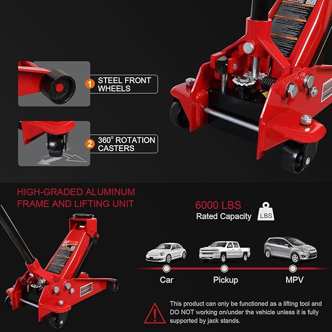 Big RED T830025-1 Floor Jack Heavy Duty Hydraulic Steel Service Jack with Single Piston Quick Lift Pump and Detachable Handle, 6,000 LBS Capacity, Black