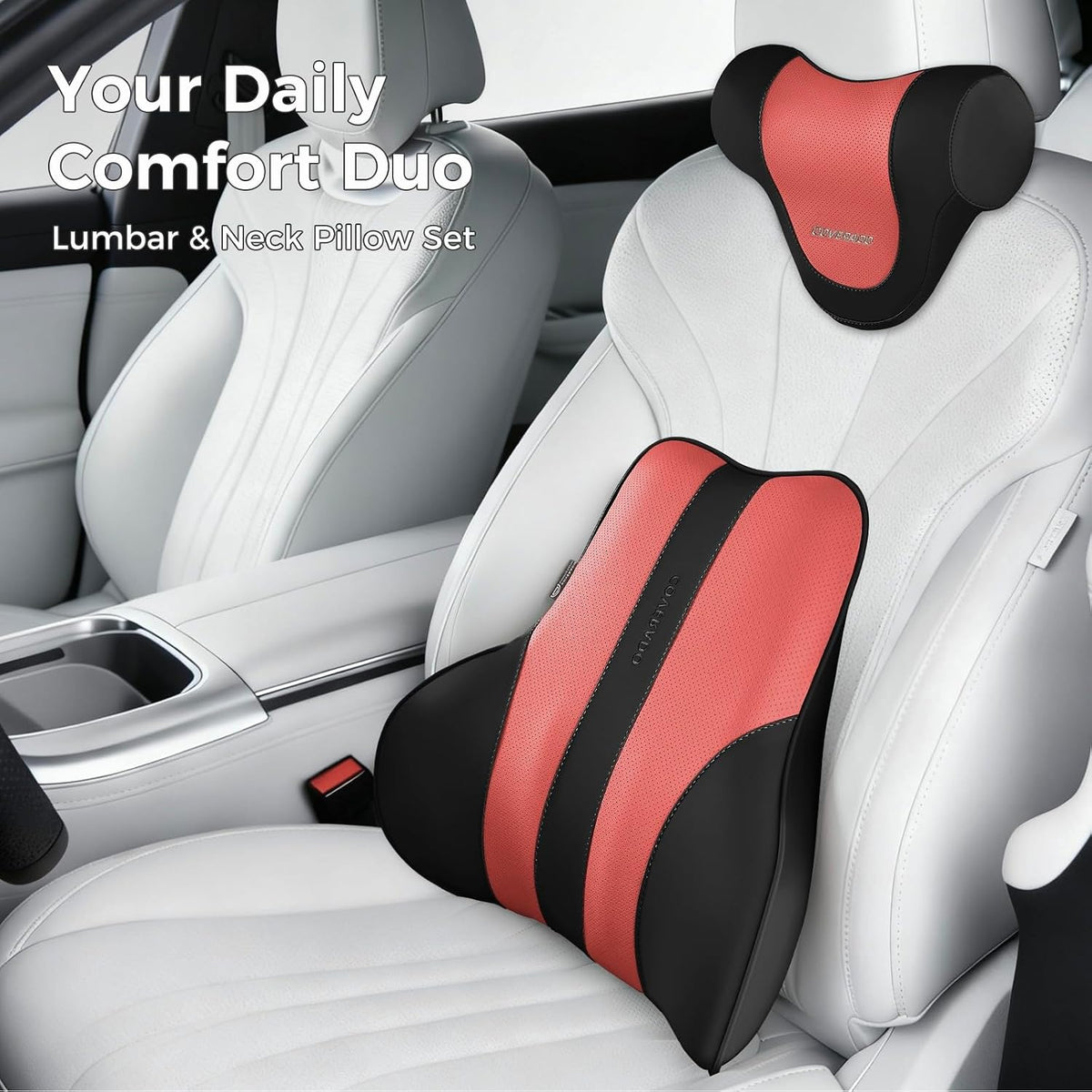 Coverado Lumbar Support Pillow for Car, Ergonomic Memory Foam Back Pillow for Office Chair, Back Cushion for Back Pain Relief, PU Leather Car Lumbar Support for Driving Seat