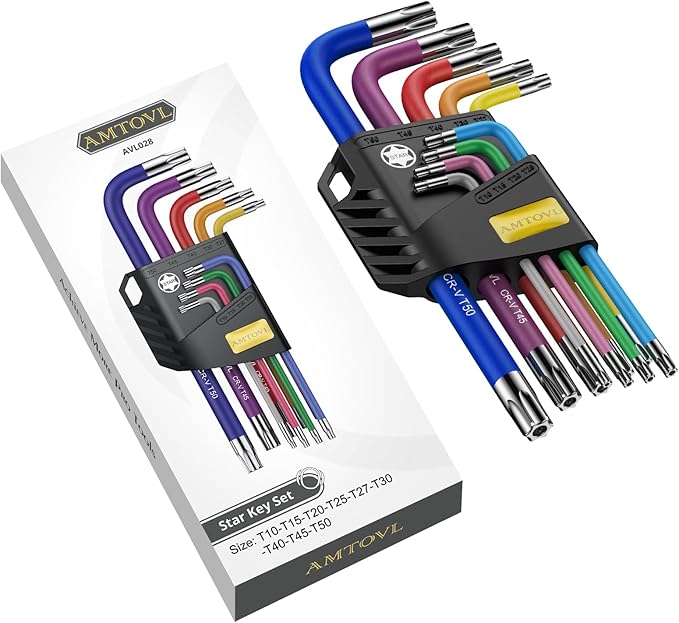 AMTOVL Star Allen Wrench Set, 9PCS Star Key Set, T10-T50, Long Arm Star Key Set, Color Coding TX Key Set for Vehicle, and Bicycle Repairs