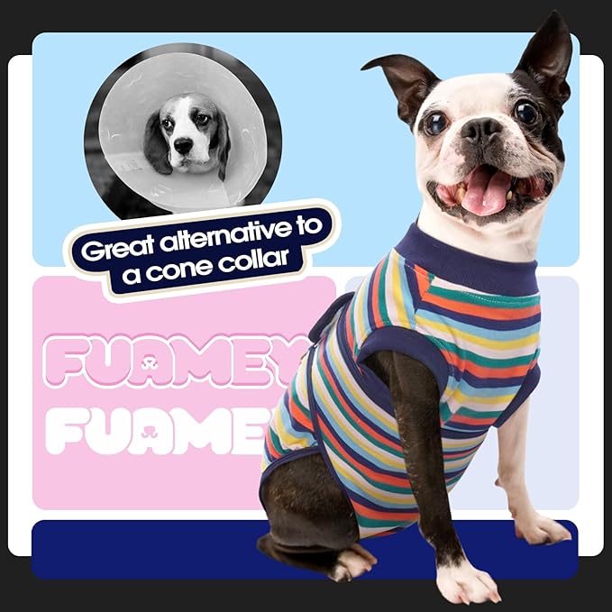 FUAMEY Recovery Suit for Dogs After Surgery,Soft Breathable Dog Bodysuit E-Collar & Cone Alternative Surgical Suit,Male Female Dog Neuter Spay Suits Anti Licking Wounds Onesie Dark Blue Stripes S