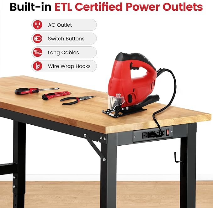 ENJOYWOOD 60" x 22" Heavy Duty Workbench with Wheels, Adjustable Height Garage Work Table with Solid Rubberwood Top, Pegboard & Power Outlets for Workshop, Home & Office