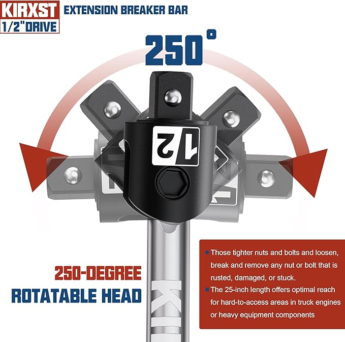 25-Inch 1/2” Drive Breaker Bar, 250° Rotatable Head, Heavy Duty Extension Breaker Bar, Ball Lock Function, Laser Marking, Mechanical Work, Automobile and Motorcycle Maintenance and Repair