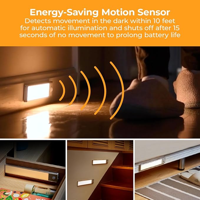 Rechargeable Under Cabinet Lighting, Motion Sensor On/Off, Warm White LED, Stick-On Install for Kitchen & Closets - 1 Bar